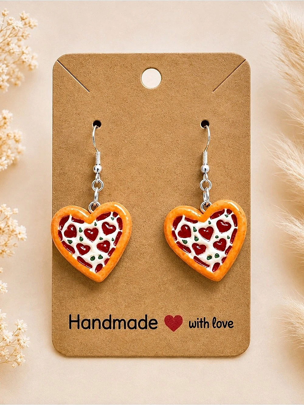 Handmade pizza Heart Earrings in Orange & White NWT